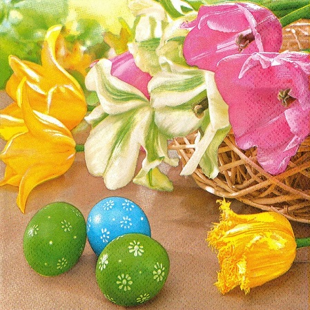 Levně Velikonoční ubrousky na dekupáž - Barevné tulipány a vajíčka - 1ks