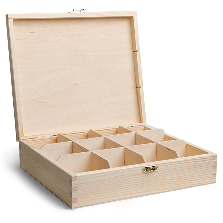 Levně Dřevěná krabička na čaj / 12 přihrádek (dřevěné polotovary na kreativní)