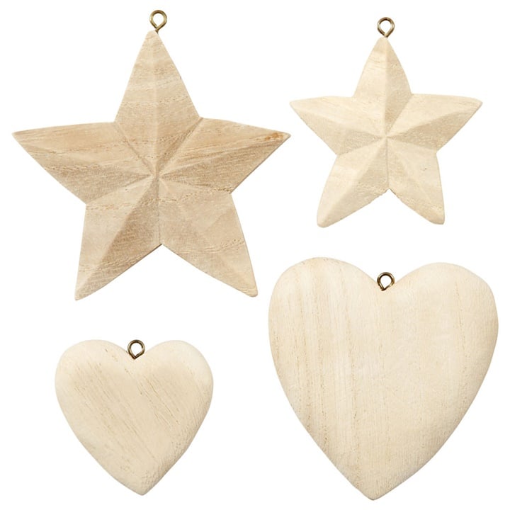 Levně Dřevěné dekorace - srdce a hvězdy - 4 ks (dřevěné srdce a hvězdy)