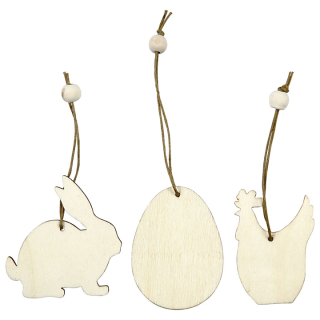 Dřevěné ornamenty na zavěšení - zajíc, vajíčko, slepice - 9 ks