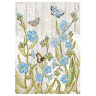 Rýžový papír A4 blue modré květiny a motýly