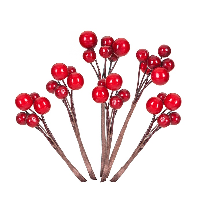 Levně Ozdobná větvička s červenými bobulemi - 6 ks (Vánoční ozdoba)