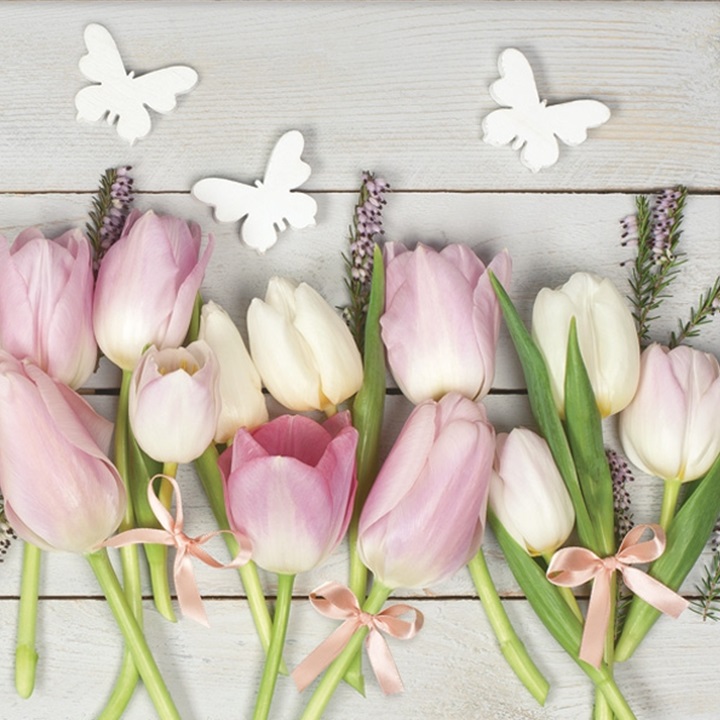 Levně Ubrousky na dekupáž White & Pink tulipány on Wood - 1 ks (ubrousky na)